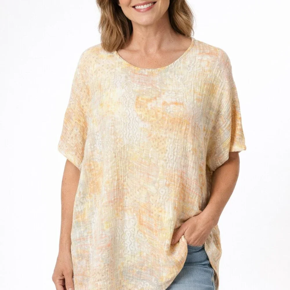 Pure Jill J Jill Top Size Large Linen Blend Orange Artsy Resortwear Lagenlook - Picture 10 of 10